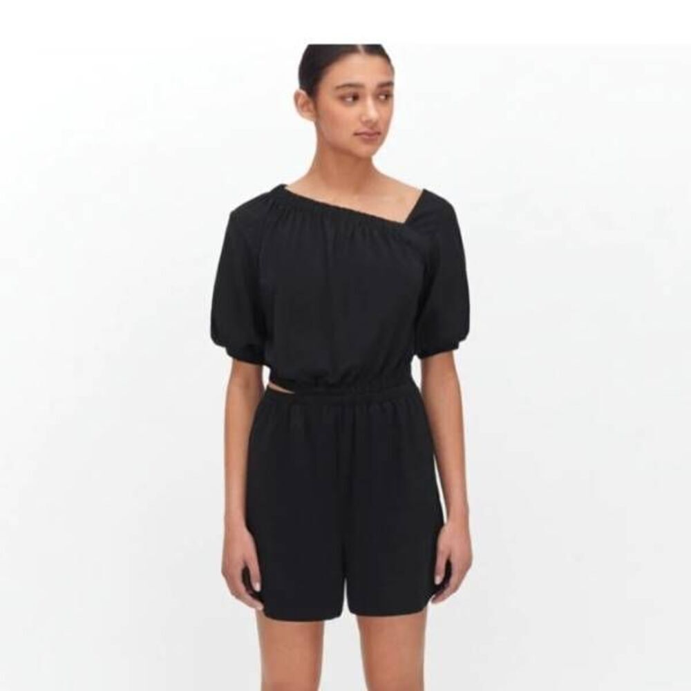 Cuyana Gathered Front Black Pima Cotton Cutout Off Shoulder Romper Jumpsuit Sz s